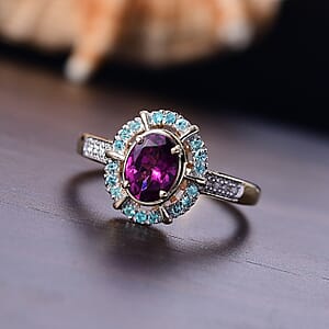 Luxoro 10K Yellow Gold AAA Radiant Ember Garnet, Paraiba Tourmaline and Diamond (G-H, I2) Ring (Size 7.5) 1.75 ctw