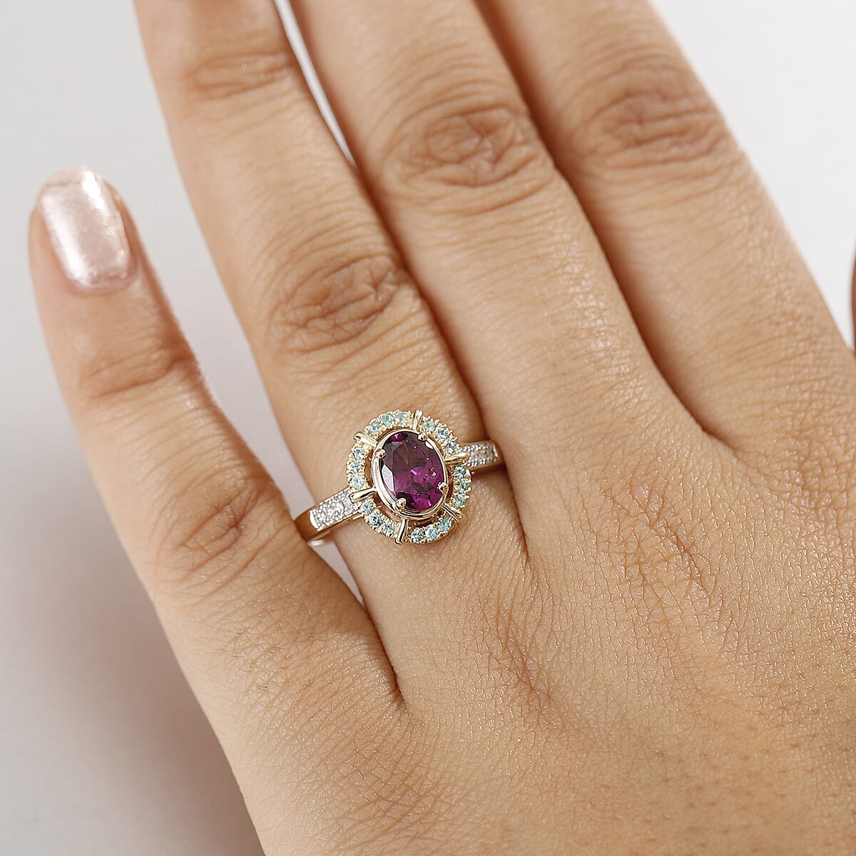 Luxoro 10K Yellow Gold AAA Radiant Ember Garnet, Paraiba Tourmaline and Diamond (G-H, I2) Ring (Size 8.5) 1.75 ctw image number 2