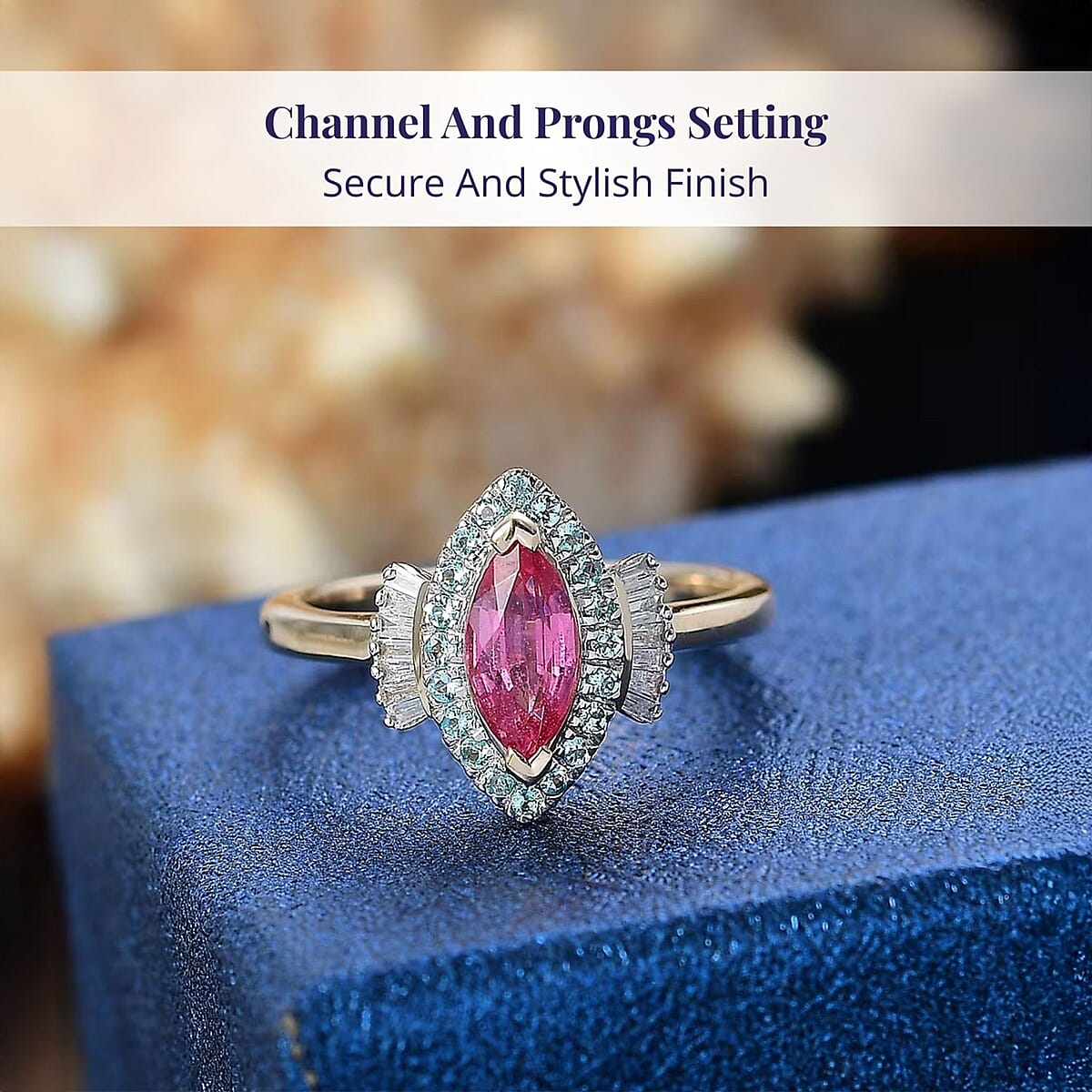 Luxoro 14K Yellow Gold AAAA Padparadscha Sapphire, Paraiba Tourmaline and Diamond (G-H, I2) (0.21 cts) Ring (Size 10.0) 1.55 ctw image number 3