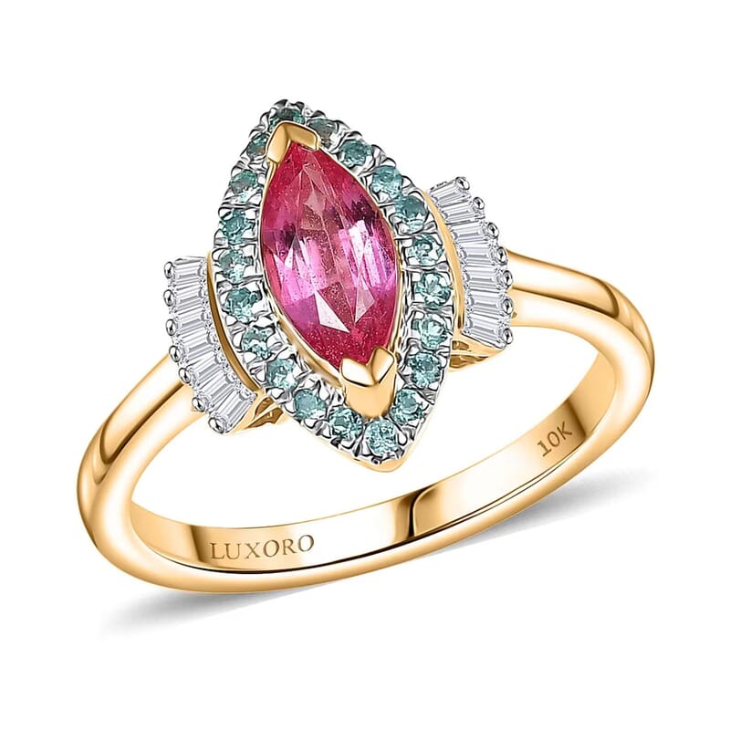 Certified & Appraised Luxoro 14K Yellow Gold AAAA Padparadscha Sapphire, Paraiba Tourmaline and Diamond (G-H, I2) (0.21 cts) Ring (Size 6.0) 1.55 ctw