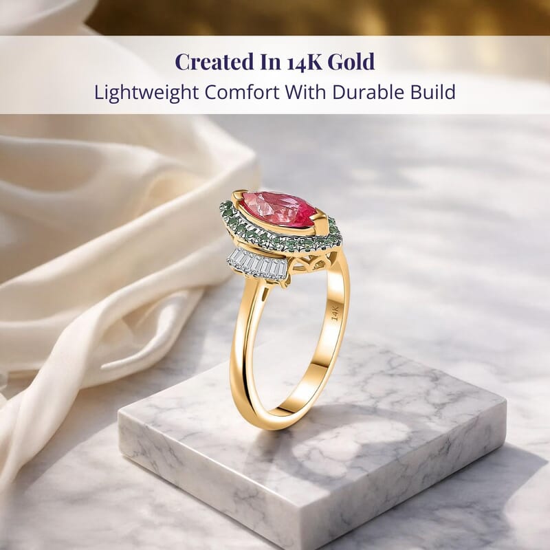 Certified & Appraised Luxoro 14K Yellow Gold AAAA Padparadscha Sapphire, Paraiba Tourmaline and Diamond (G-H, I2) (0.21 cts) Ring (Size 6.0) 1.55 ctw