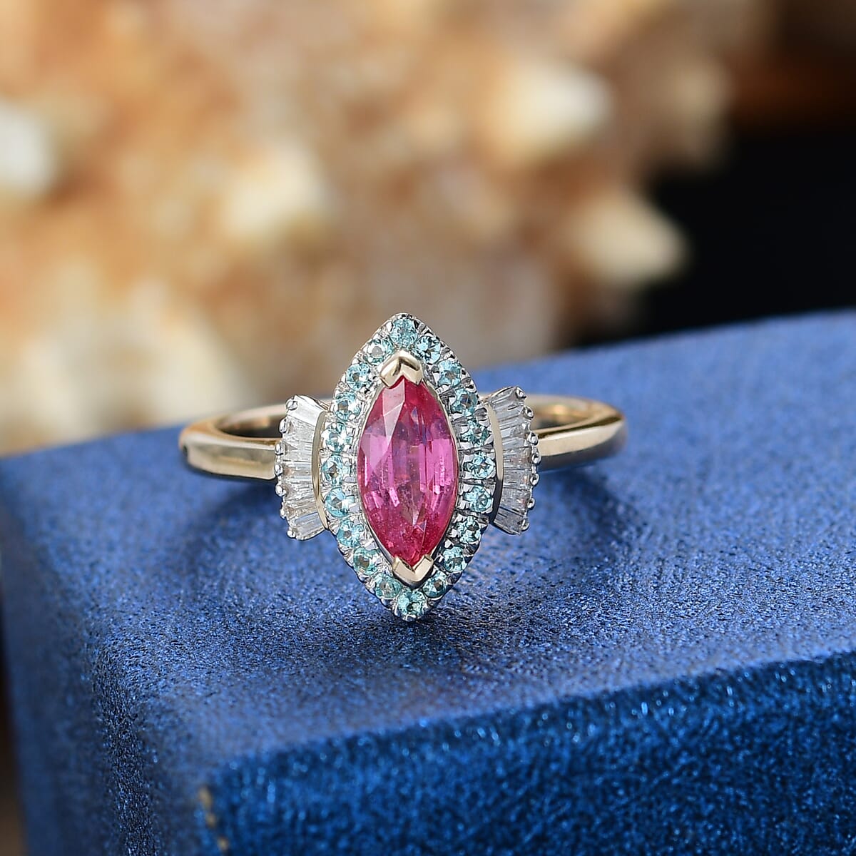 Certified & Appraised Luxoro AAAA Padparadscha Sapphire, Paraiba Tourmaline and G-H I2 Diamond 1.55 ctw Ring in 14K Yellow Gold (Size 7.0) image number 1