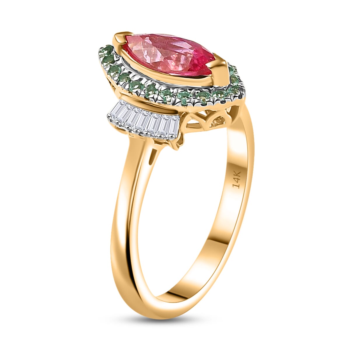Certified & Appraised Luxoro AAAA Padparadscha Sapphire, Paraiba Tourmaline and G-H I2 Diamond 1.55 ctw Ring in 14K Yellow Gold (Size 7.0) image number 3