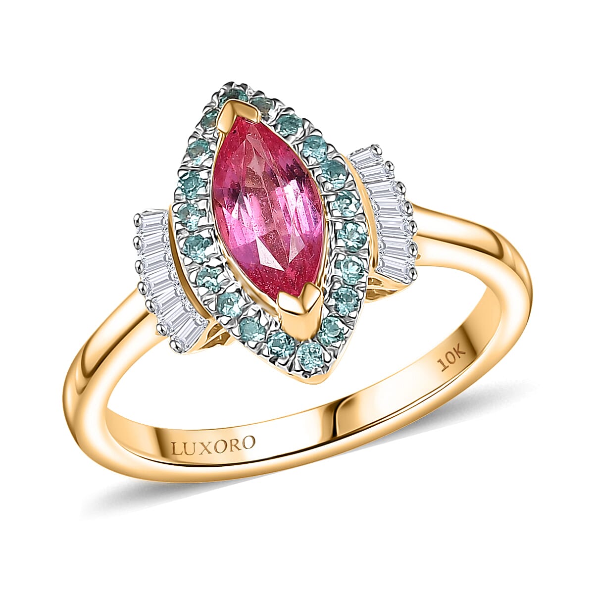 Certified & Appraised Luxoro AAAA Padparadscha Sapphire, Paraiba Tourmaline and G-H I2 Diamond 1.55 ctw Ring in 14K Yellow Gold (Size 8.0) image number 0