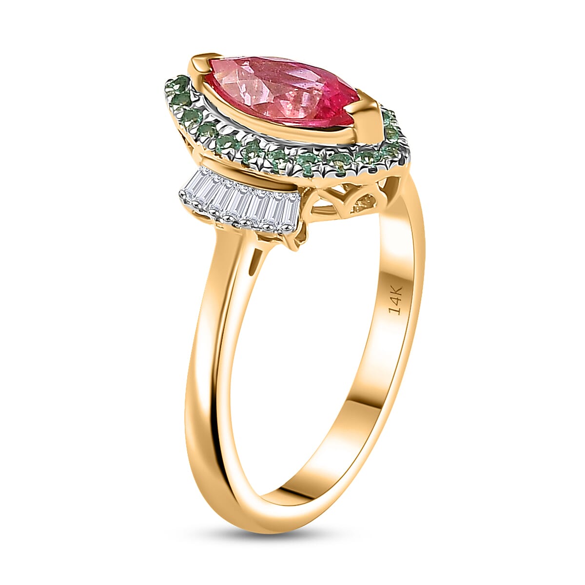 Certified & Appraised Luxoro AAAA Padparadscha Sapphire, Paraiba Tourmaline and G-H I2 Diamond 1.55 ctw Ring in 14K Yellow Gold (Size 8.0) image number 3