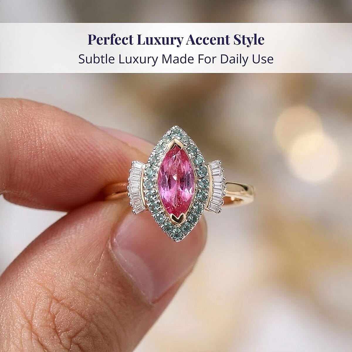 Luxoro 14K Yellow Gold AAAA Padparadscha Sapphire, Paraiba Tourmaline and Diamond (G-H, I2) (0.21 cts) Ring (Size 9.0) 1.55 ctw image number 4