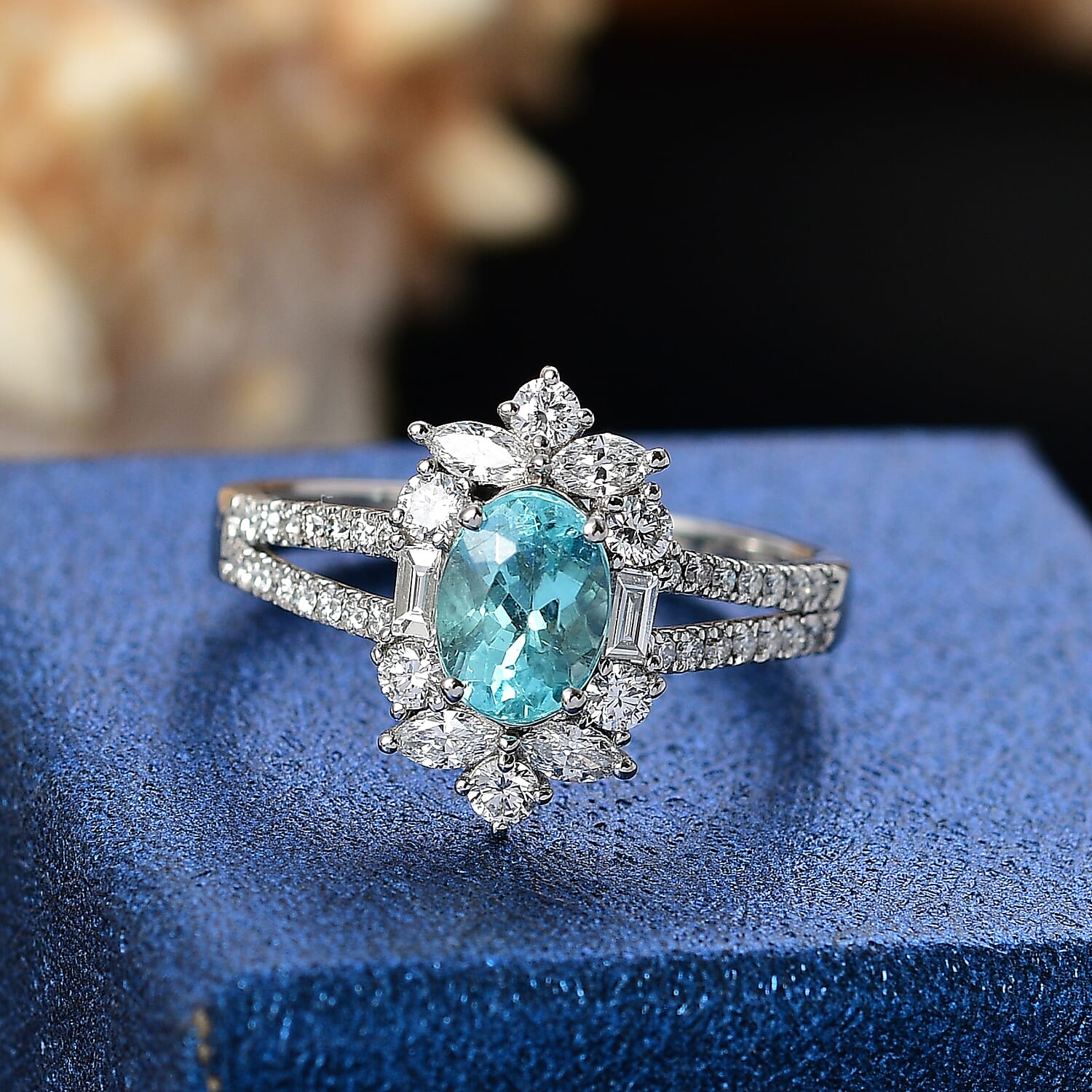 Rhapsody 950 Platinum AAAA Paraiba Tourmaline, Diamond (E-F, VS2) (1.30 cts) Ring (Size 8.0) (6.70 g) 2.65 ctw