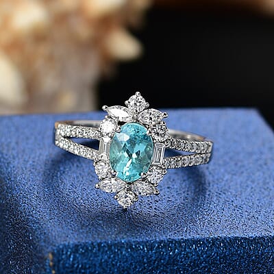 Rhapsody 950 Platinum AAAA Paraiba Tourmaline, Diamond (E-F, VS2) (1.30 cts) Ring (Size 8.0) (6.70 g) 2.65 ctw