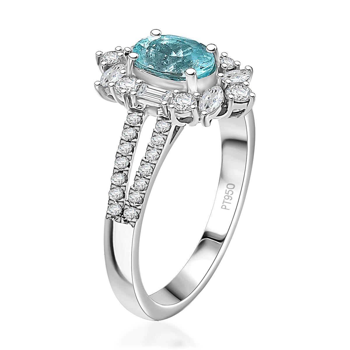 Rhapsody 950 Platinum AAAA Paraiba Tourmaline, Diamond (E-F, VS2) (1.30 cts) Ring (Size 8.0) (6.70 g) 2.65 ctw