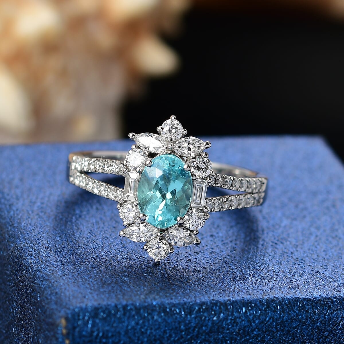 Certified & Appraised Rhapsody AAAA Paraiba Tourmaline and E-F VS2 Diamond 2.65 ctw Ring in 950 Platinum (Size 9.0) 6.70 Grams image number 1