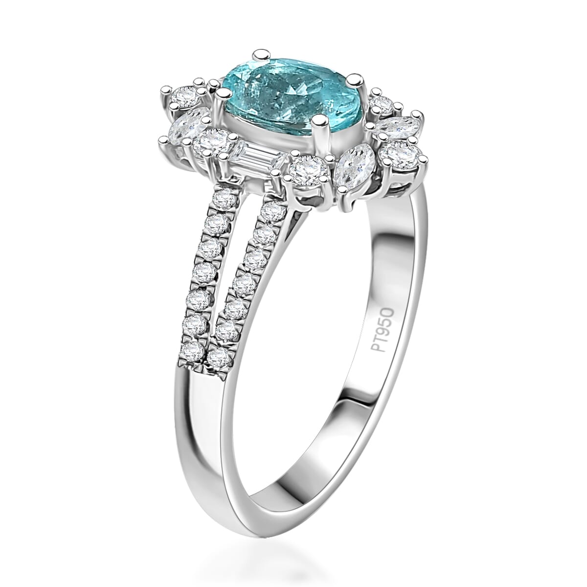 Certified & Appraised Rhapsody AAAA Paraiba Tourmaline and E-F VS2 Diamond 2.65 ctw Ring in 950 Platinum (Size 9.0) 6.70 Grams image number 3