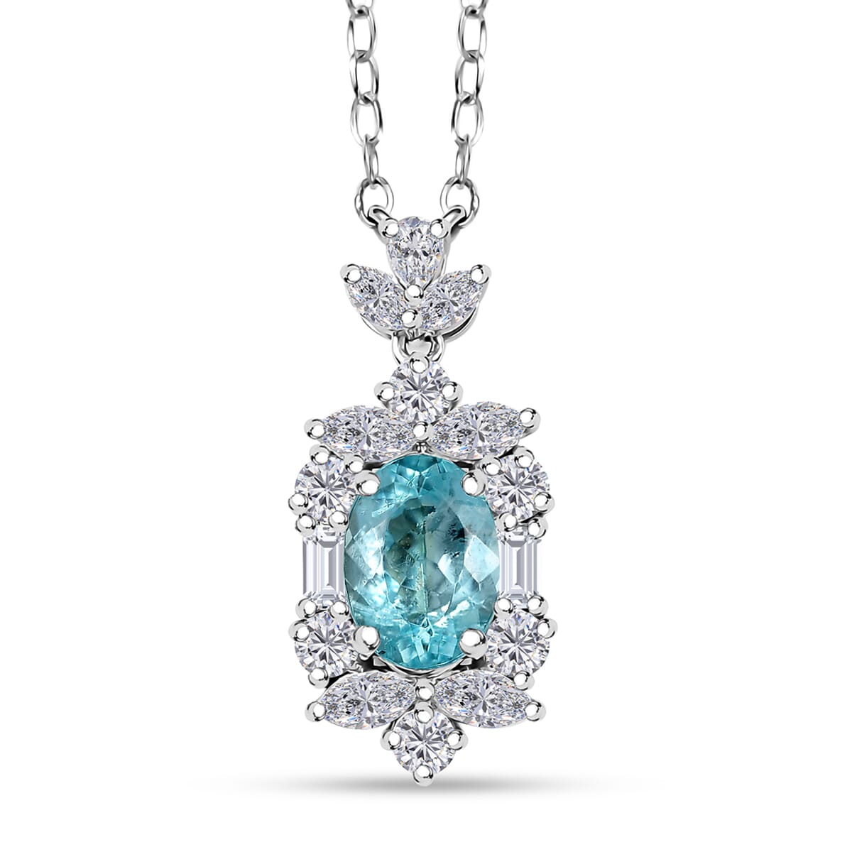 Certified & Appraised Rhapsody 950 Platinum AAAA Paraiba Tourmaline and E-F VS2 Diamond 2.10 ctw Floral Necklace 18 Inches 4.5 Grams image number 0