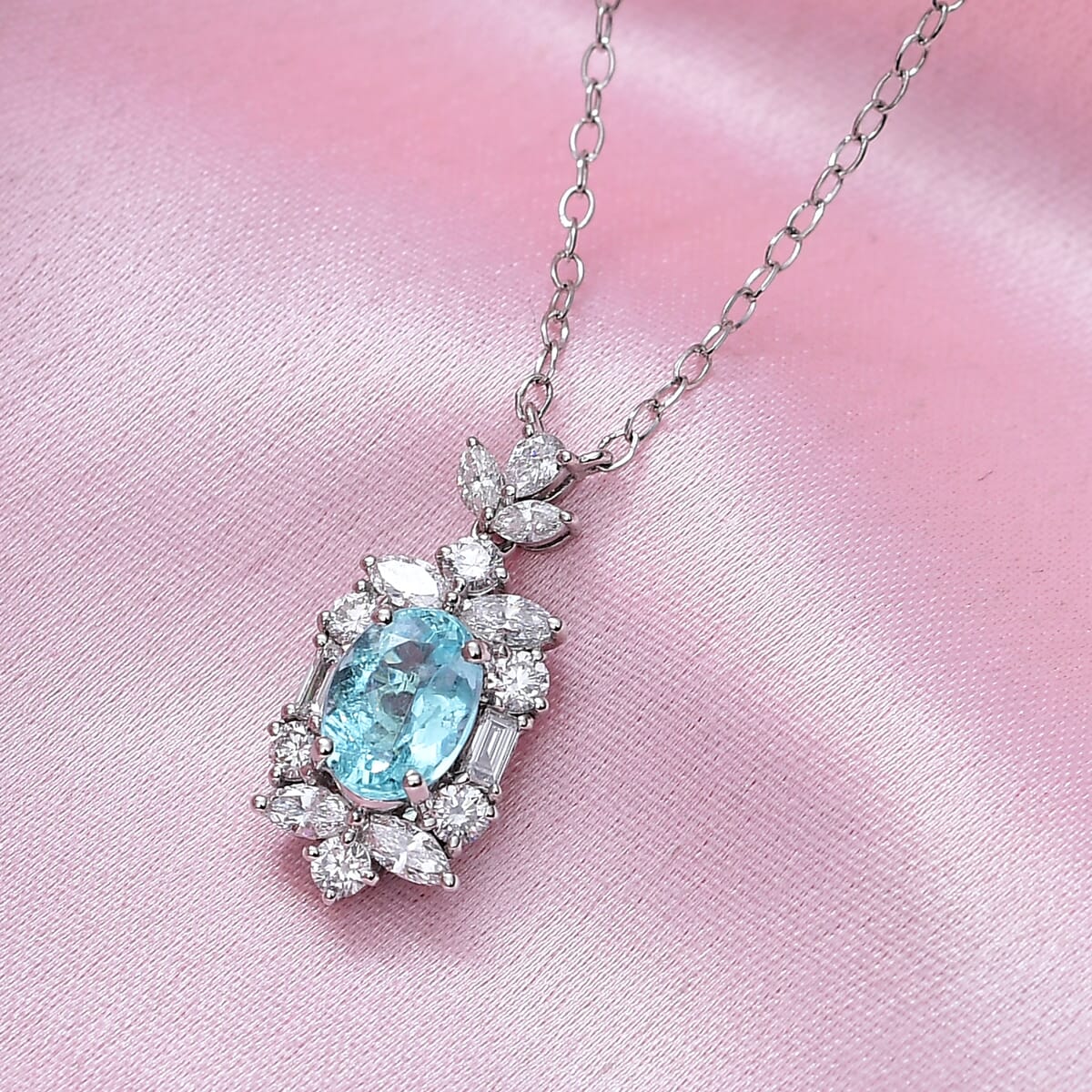 Certified & Appraised Rhapsody 950 Platinum AAAA Paraiba Tourmaline and E-F VS2 Diamond 2.10 ctw Floral Necklace 18 Inches 4.5 Grams image number 1