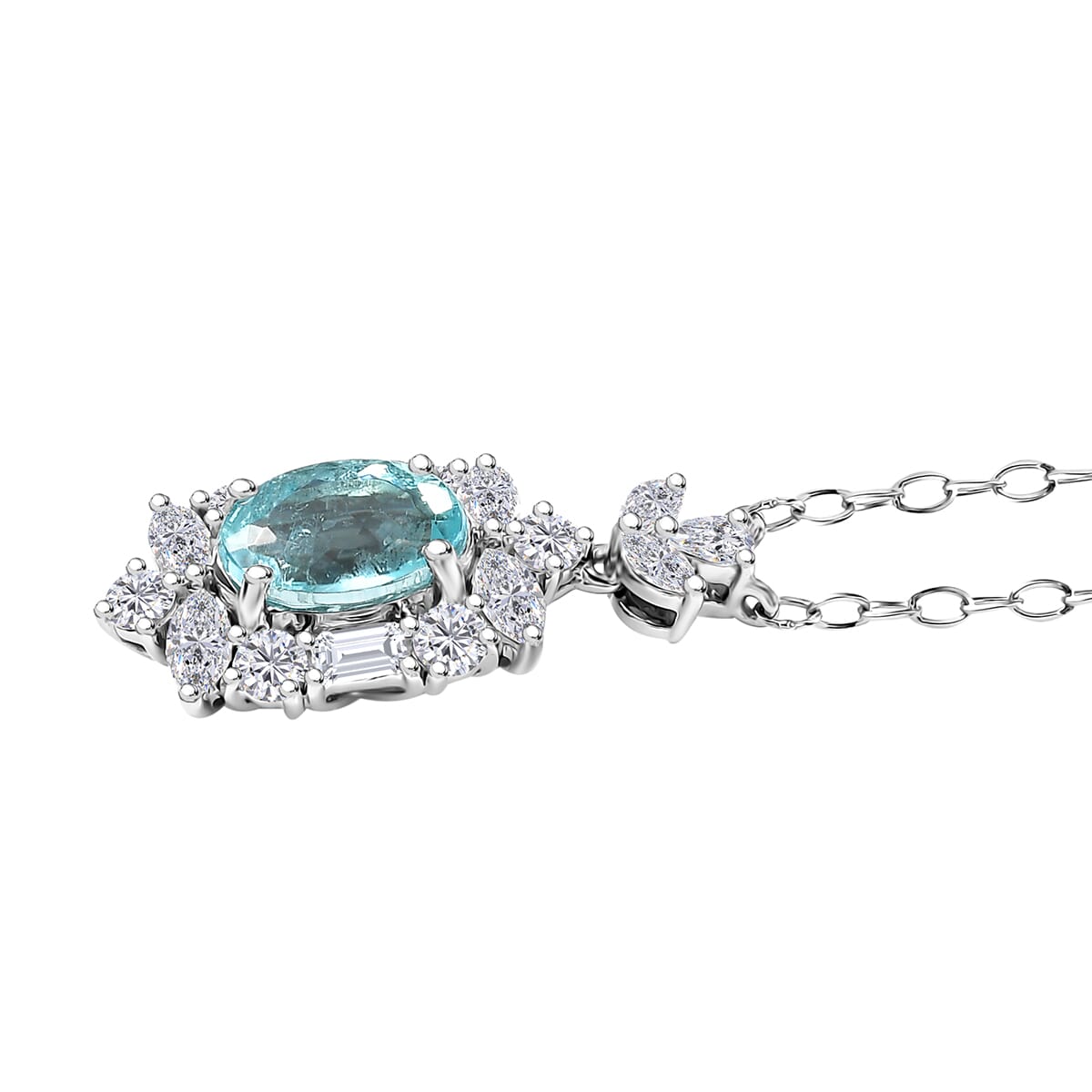 Certified & Appraised Rhapsody 950 Platinum AAAA Paraiba Tourmaline and E-F VS2 Diamond 2.10 ctw Floral Necklace 18 Inches 4.5 Grams image number 3