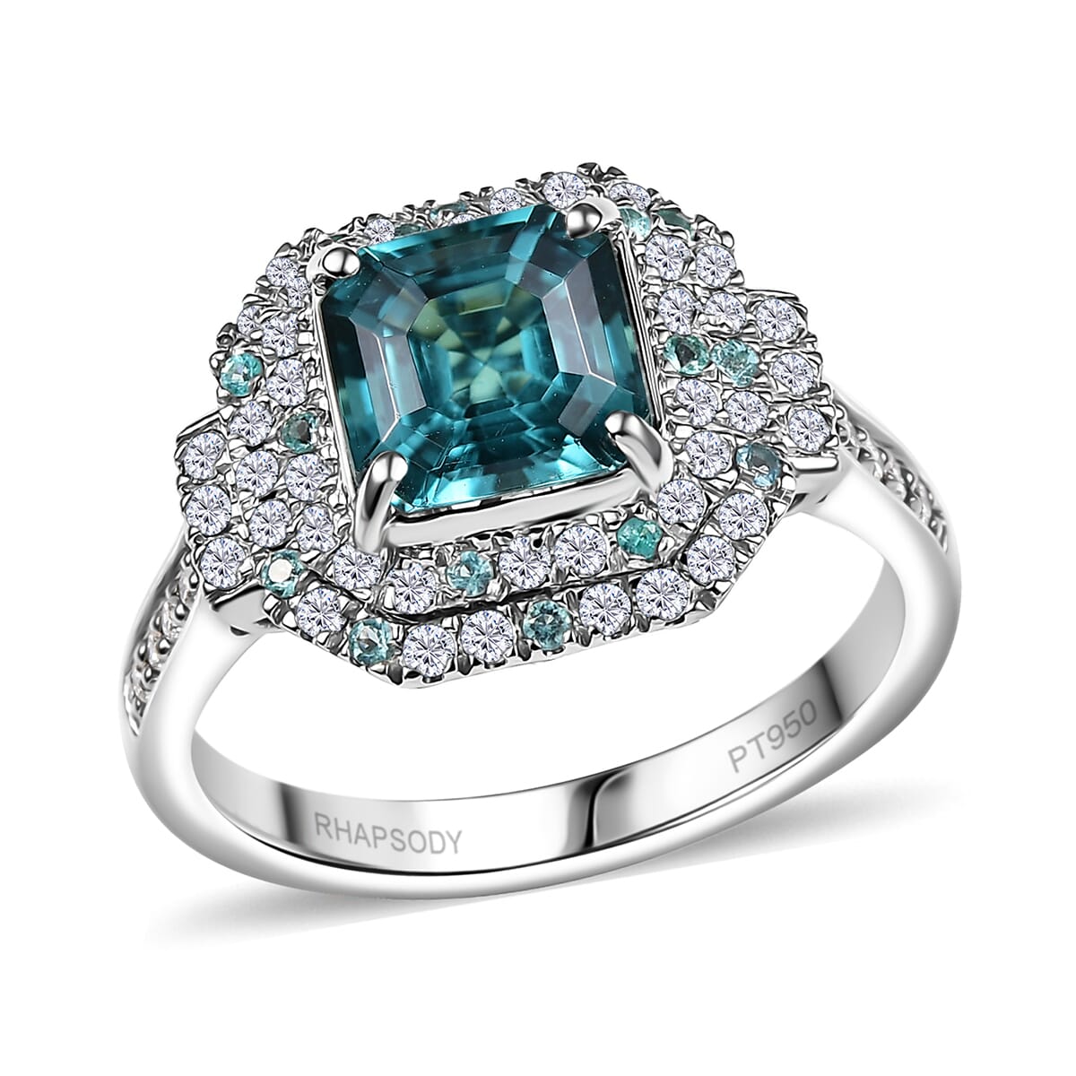 Rhapsody 950 Platinum AAAA Asscher Cut Pirineu Lagoon Tourmaline, Paraiba Tourmaline and Diamond (E-F, VS2) (0.60 cts) Ring (Size 10.0) (8.10 g) 3.50 ctw image number 0