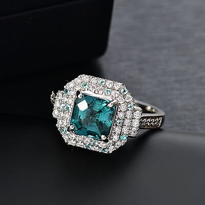 Certified & Appraised Rhapsody 950 Platinum AAAA Asscher Cut Pirineu Lagoon Tourmaline, Paraiba Tourmaline and Diamond (E-F, VS2) (0.60 cts) Ring (Size 10.0) (8.10 g) 3.50 ctw