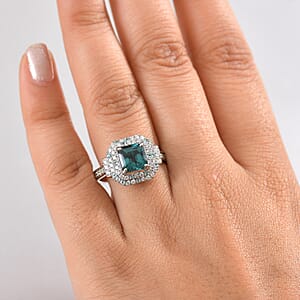 Rhapsody 950 Platinum AAAA Asscher Cut Pirineu Lagoon Tourmaline, Paraiba Tourmaline and Diamond (E-F, VS2) (0.60 cts) Ring (Size 10.0) (8.10 g) 3.50 ctw