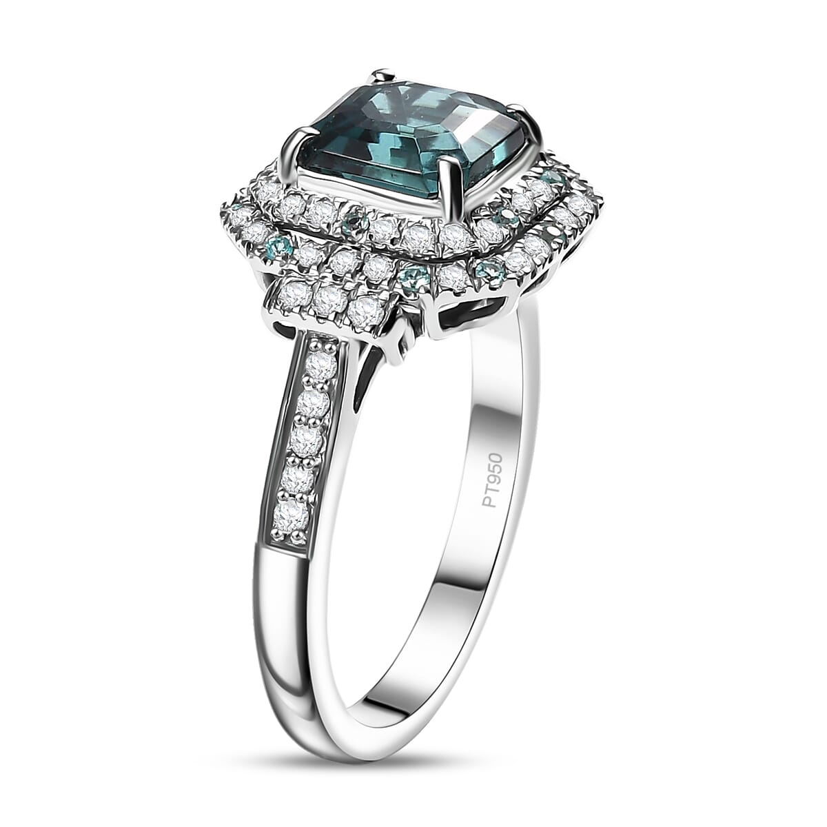 Rhapsody 950 Platinum AAAA Asscher Cut Pirineu Lagoon Tourmaline, Paraiba Tourmaline and Diamond (E-F, VS2) (0.60 cts) Ring (Size 10.0) (8.10 g) 3.50 ctw image number 3