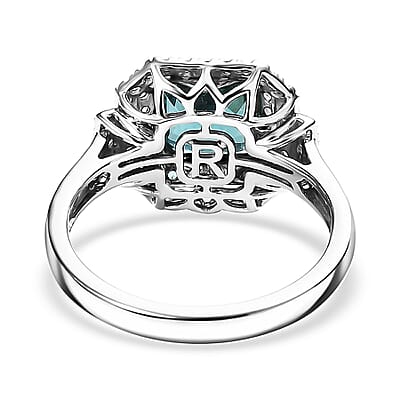 Certified & Appraised Rhapsody 950 Platinum AAAA Asscher Cut Pirineu Lagoon Tourmaline, Paraiba Tourmaline and Diamond (E-F, VS2) (0.60 cts) Ring (Size 10.0) (8.10 g) 3.50 ctw