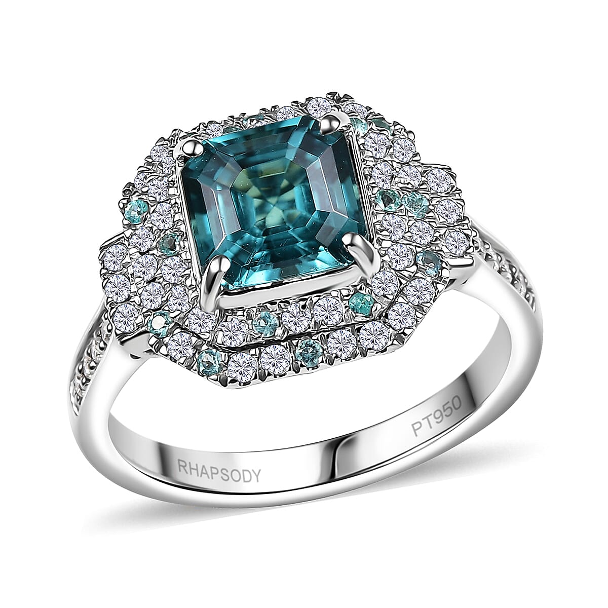 Rhapsody 950 Platinum AAAA Asscher Cut Pirineu Lagoon Tourmaline, Paraiba Tourmaline and Diamond (E-F, VS2) (0.60 cts) Ring (Size 11.0) (8.10 g) 3.50 ctw image number 0
