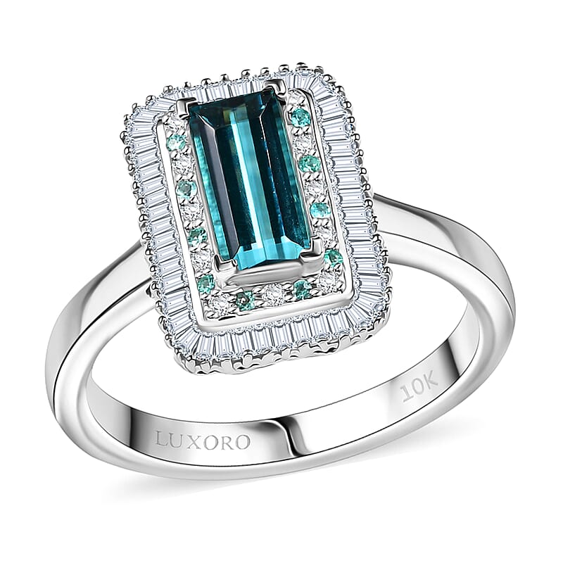 Certified & Appraised Luxoro 10K White Gold AAAA Lagoon Tourmaline, Paraiba Tourmaline and Diamond (G-H, I2) (0.39 cts) Ring (Size 10.0) 1.75 ctw