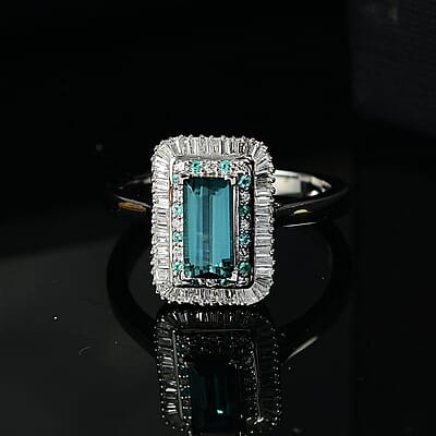 Certified & Appraised Luxoro 10K White Gold AAAA Lagoon Tourmaline, Paraiba Tourmaline and Diamond (G-H, I2) (0.39 cts) Ring (Size 10.0) 1.75 ctw