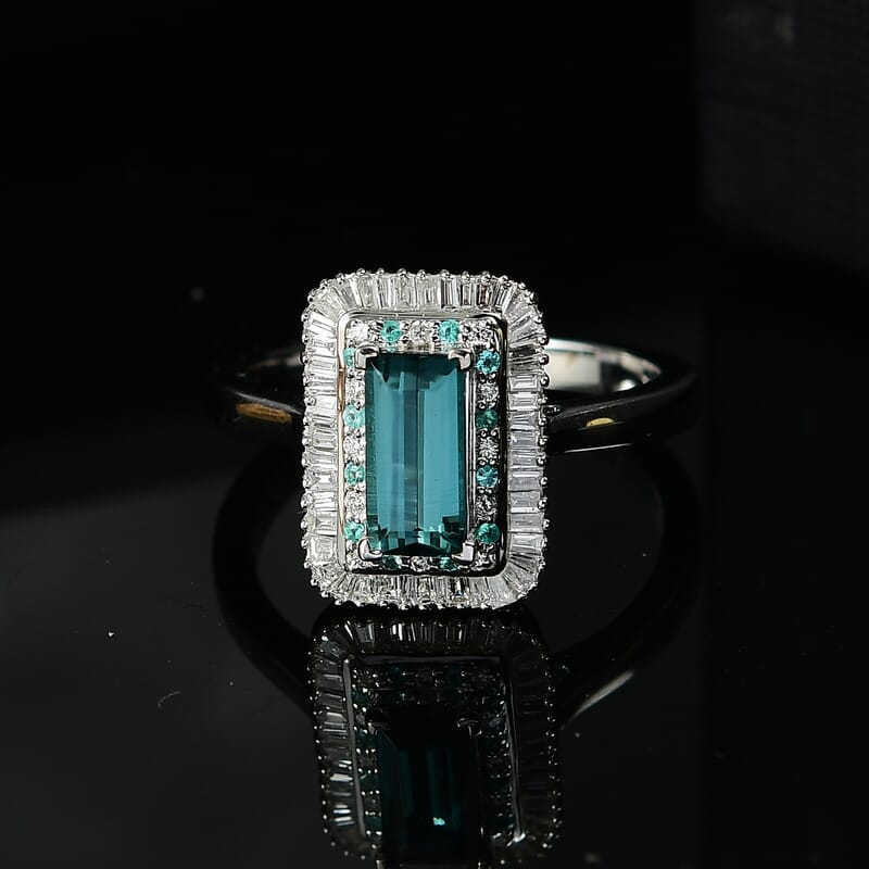 Certified & Appraised Luxoro 10K White Gold AAAA Lagoon Tourmaline, Paraiba Tourmaline and Diamond (G-H, I2) (0.39 cts) Ring (Size 10.0) 1.75 ctw