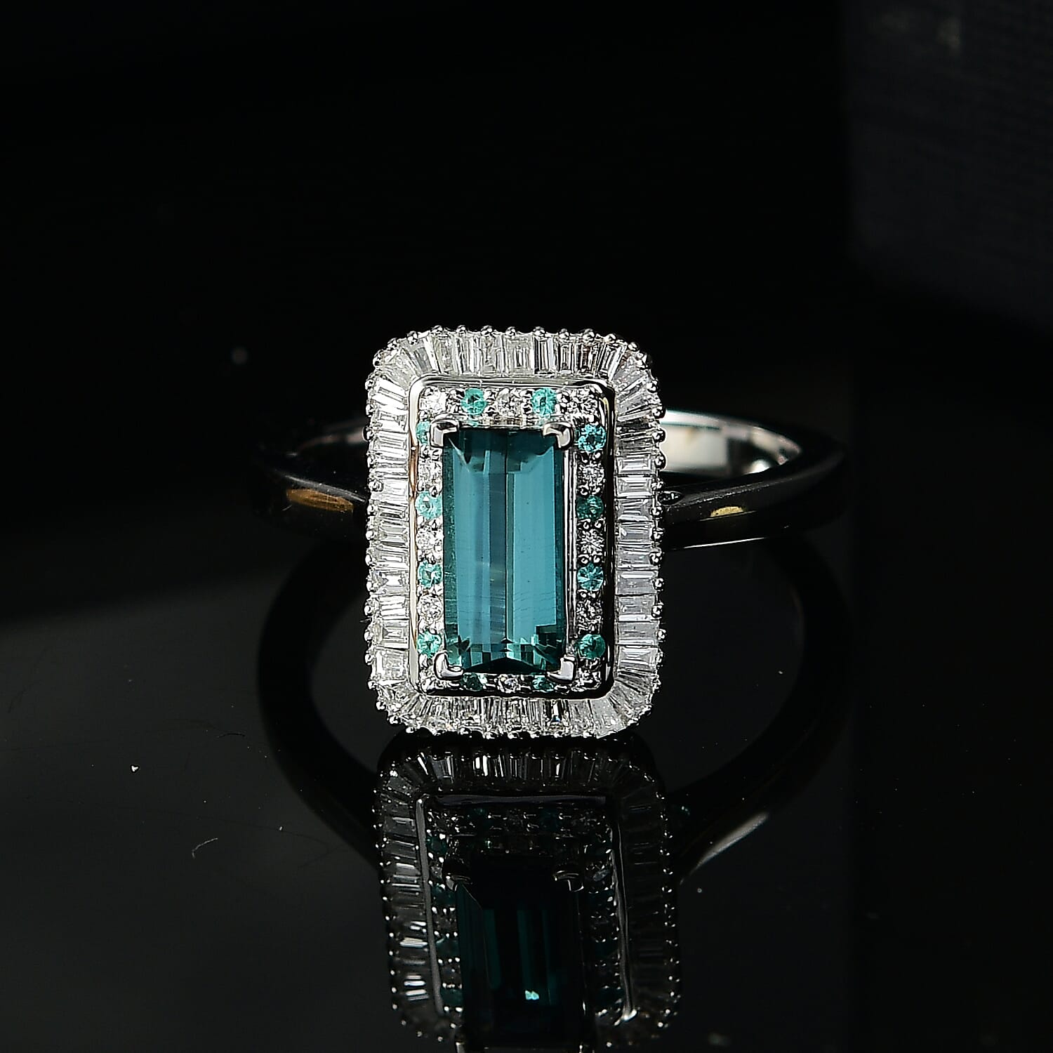 Certified & Appraised Luxoro 10K White Gold AAAA Lagoon Tourmaline, Paraiba Tourmaline and Diamond (G-H, I2) (0.39 cts) Ring (Size 6.0) 1.75 ctw