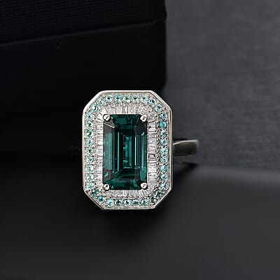 Certified & Appraised Rhapsody 950 Platinum AAAA Pirineu Lagoon Tourmaline, Paraiba Tourmaline and Diamond (E-F, VS2) Ring (Size 5.0) 5.31 ctw