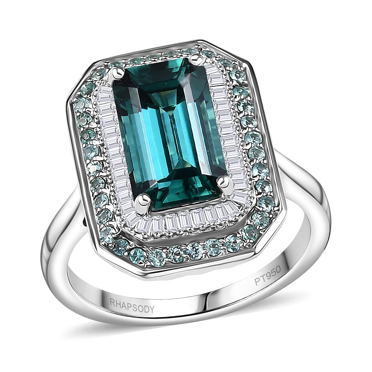 Certified & Appraised Rhapsody 950 Platinum AAAA Pirineu Lagoon Tourmaline, Paraiba Tourmaline and Diamond (E-F, VS2) Ring (Size 7.5) 5.31 ctw image number 0