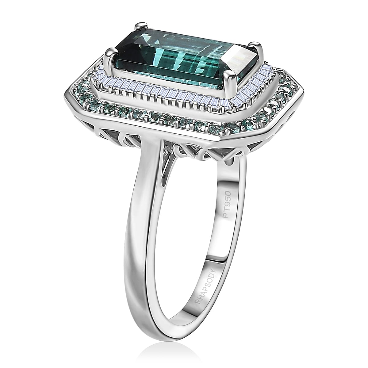 Certified & Appraised Rhapsody 950 Platinum AAAA Pirineu Lagoon Tourmaline, Paraiba Tourmaline and Diamond (E-F, VS2) Ring (Size 7.5) 5.31 ctw image number 3