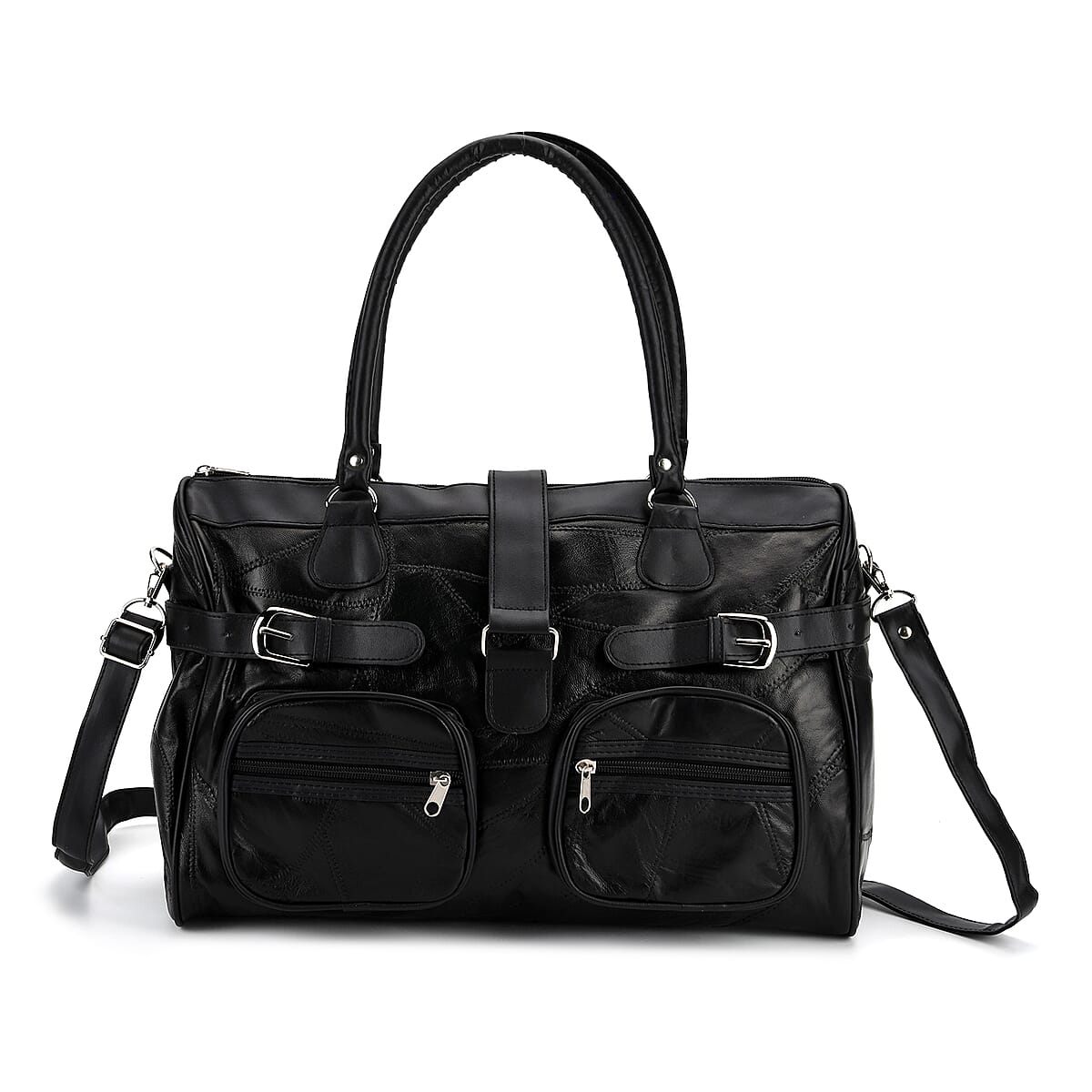 Black Patchwork Sheep Leather Crossbody Bag (15.75"x6.5"x10.04") with Shoulder Strap image number 0