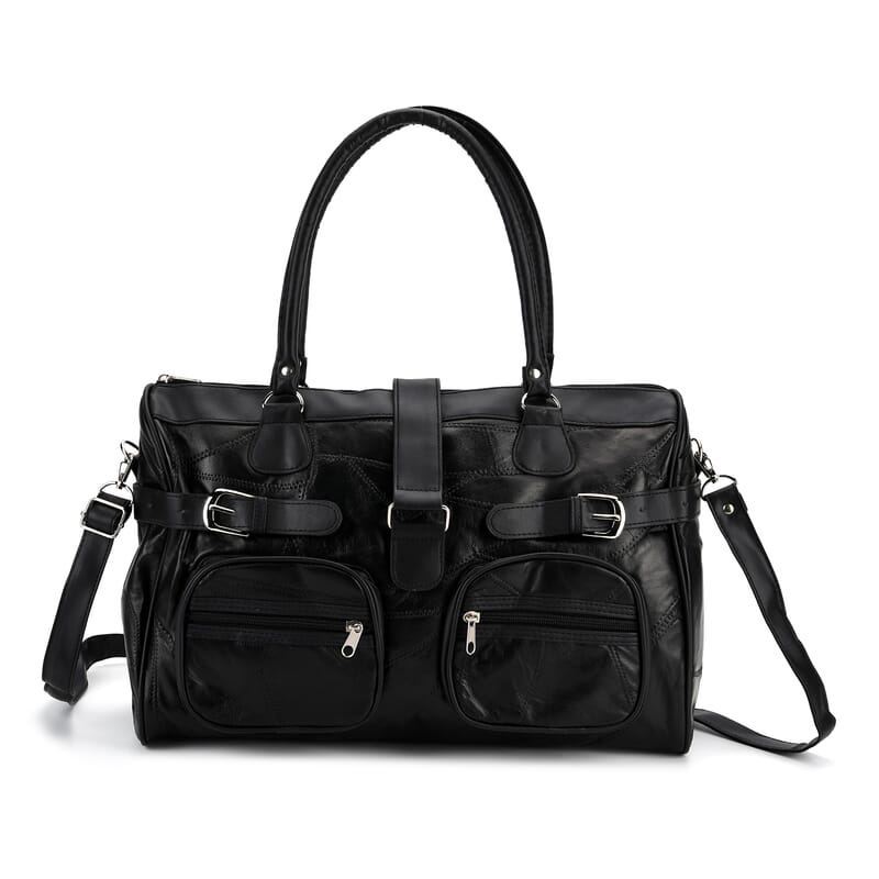 Black Patchwork Genuine Sheep Leather Crossbody Bag with Shoulder Strap