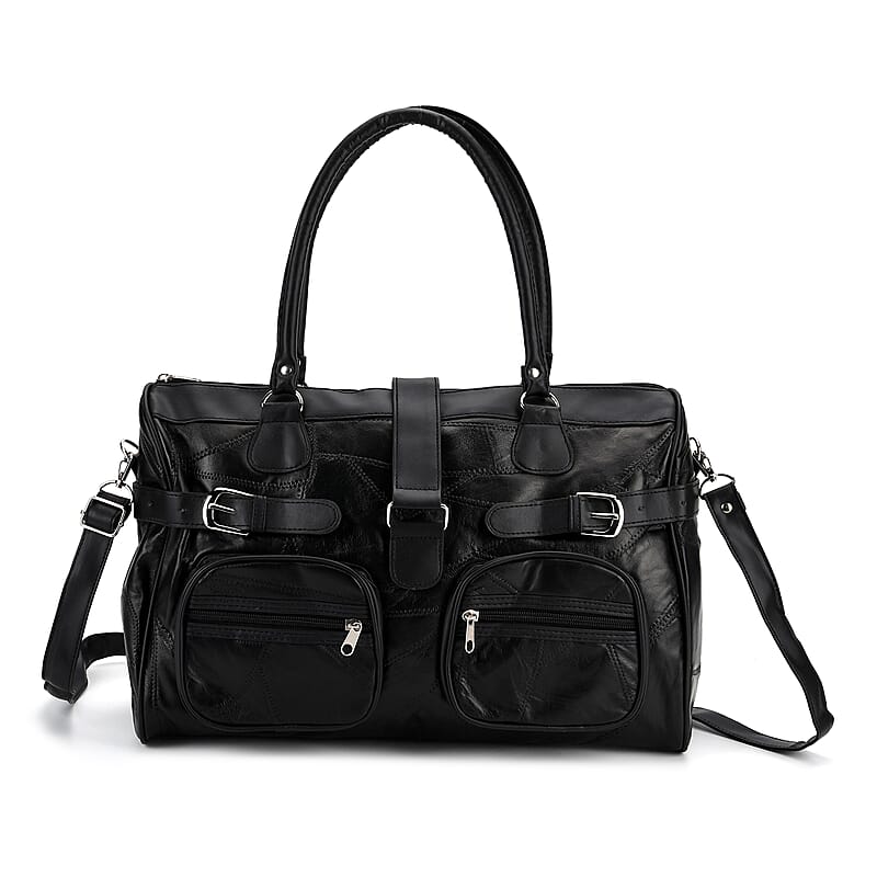Black Patchwork Genuine Sheep Leather Crossbody Bag with Shoulder Strap