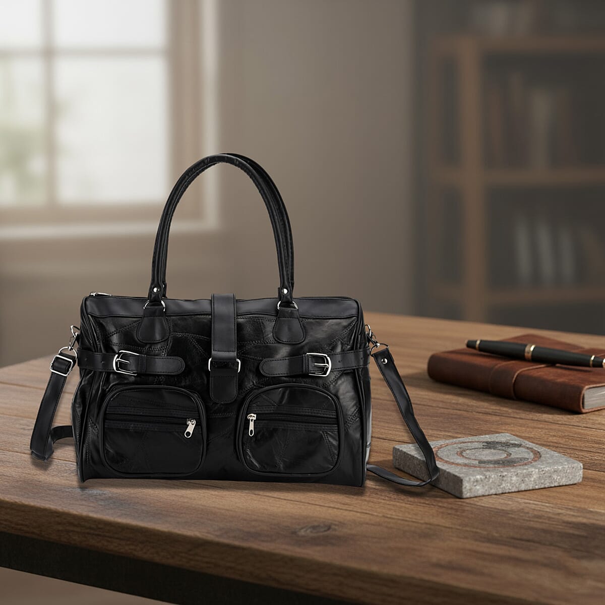 Black Patchwork Sheep Leather Crossbody Bag (15.75"x6.5"x10.04") with Shoulder Strap image number 1