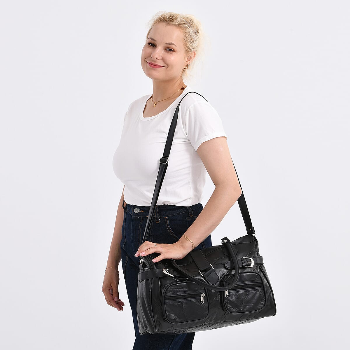 Black Patchwork Sheep Leather Crossbody Bag (15.75"x6.5"x10.04") with Shoulder Strap image number 2