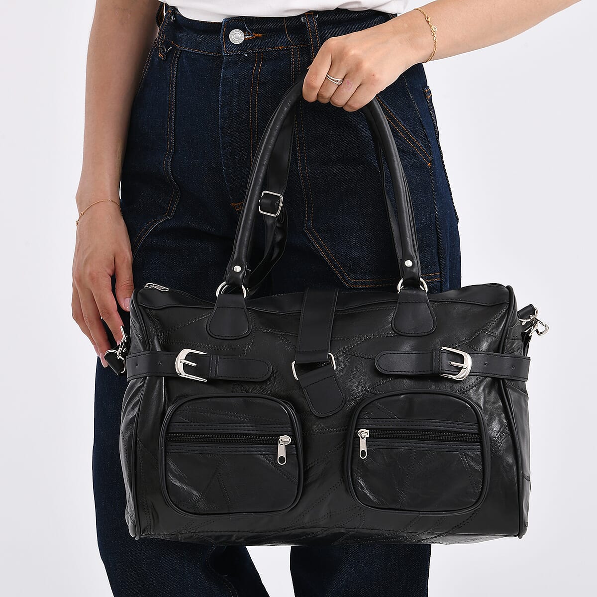 Black Patchwork Sheep Leather Crossbody Bag (15.75"x6.5"x10.04") with Shoulder Strap image number 3