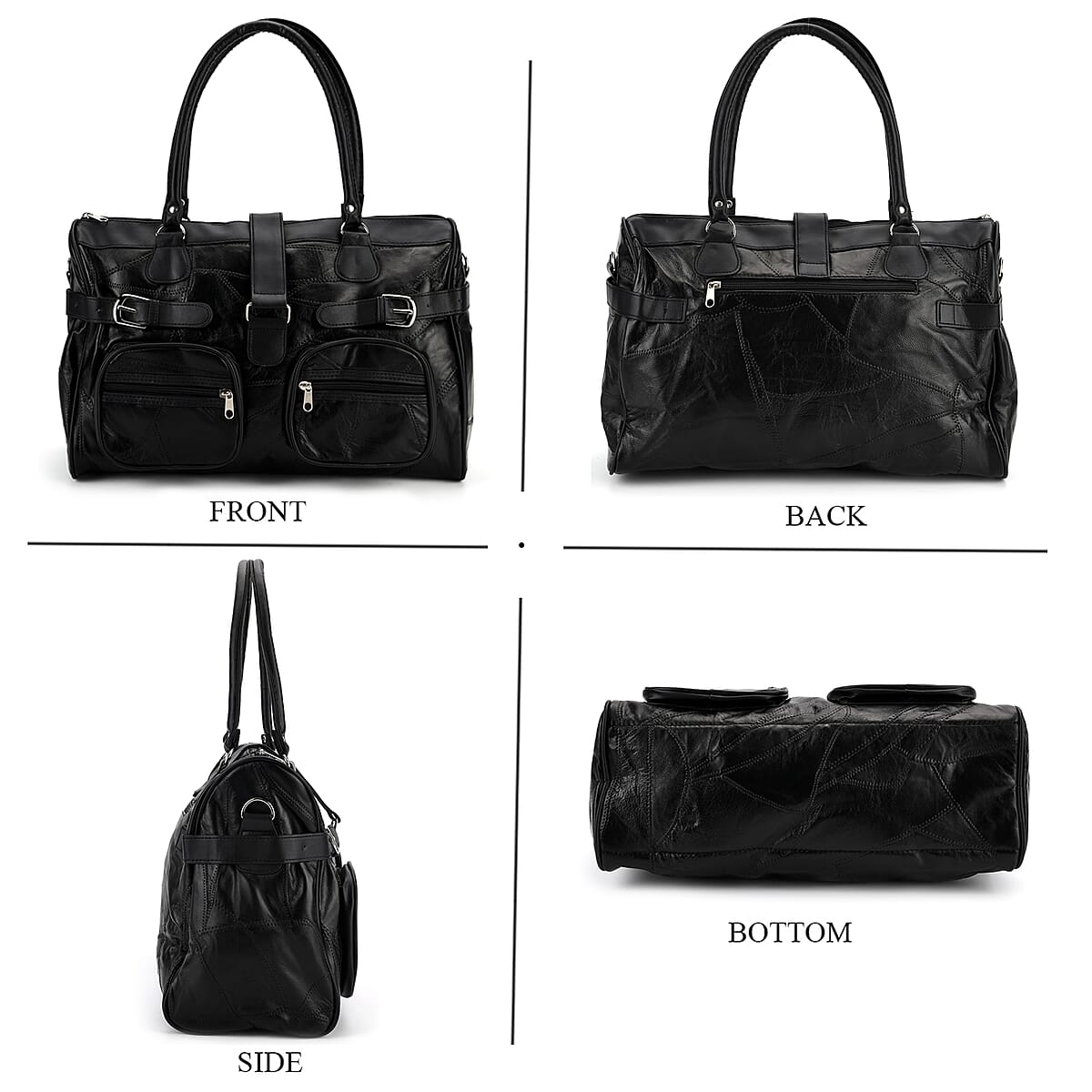 Black Patchwork Sheep Leather Crossbody Bag (15.75"x6.5"x10.04") with Shoulder Strap image number 4