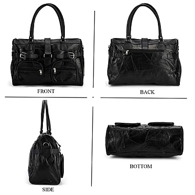 Black Patchwork Genuine Sheep Leather Crossbody Bag with Shoulder Strap