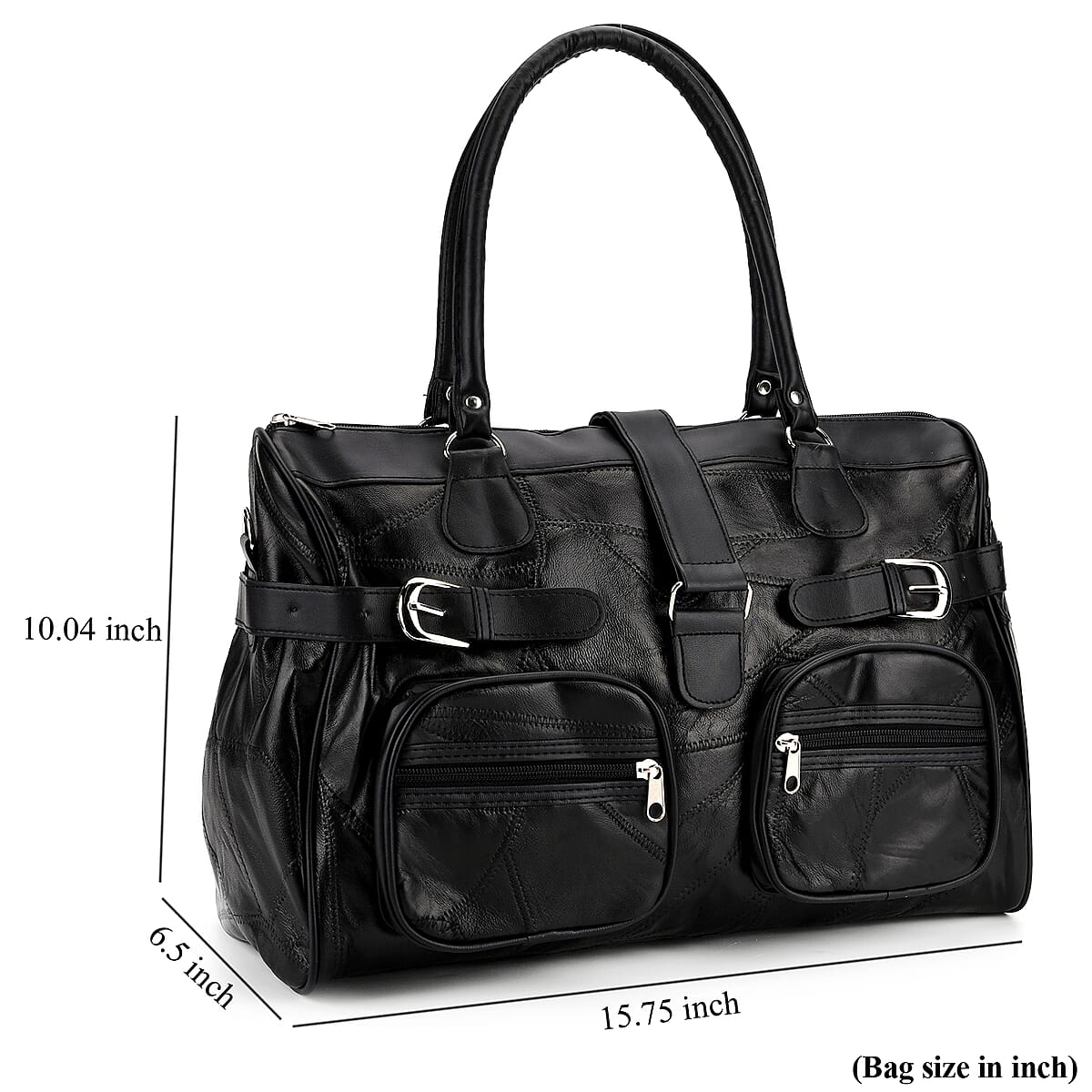 Black Patchwork Sheep Leather Crossbody Bag (15.75"x6.5"x10.04") with Shoulder Strap image number 7