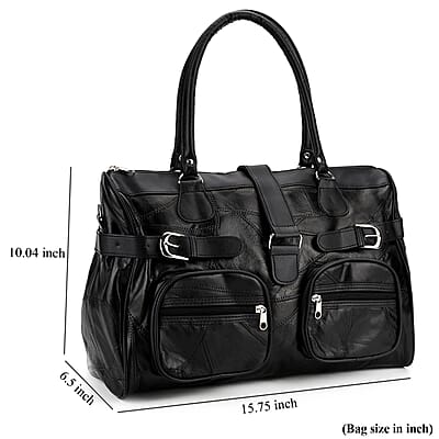 Black Patchwork Genuine Sheep Leather Crossbody Bag with Shoulder Strap