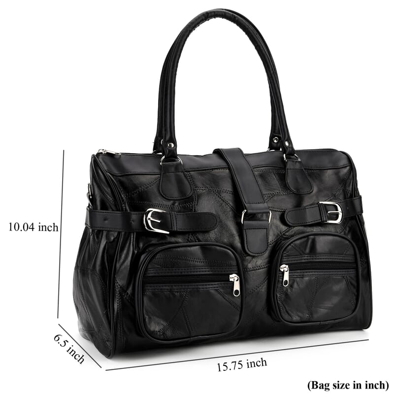 Black Patchwork Genuine Sheep Leather Crossbody Bag with Shoulder Strap