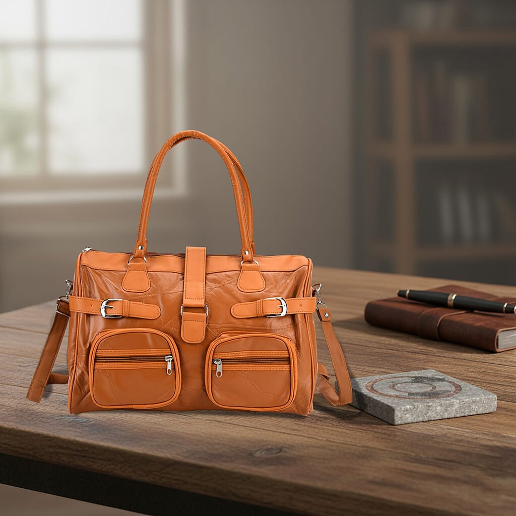 Tan Patchwork Genuine Sheep Leather Crossbody Bag with Shoulder Strap