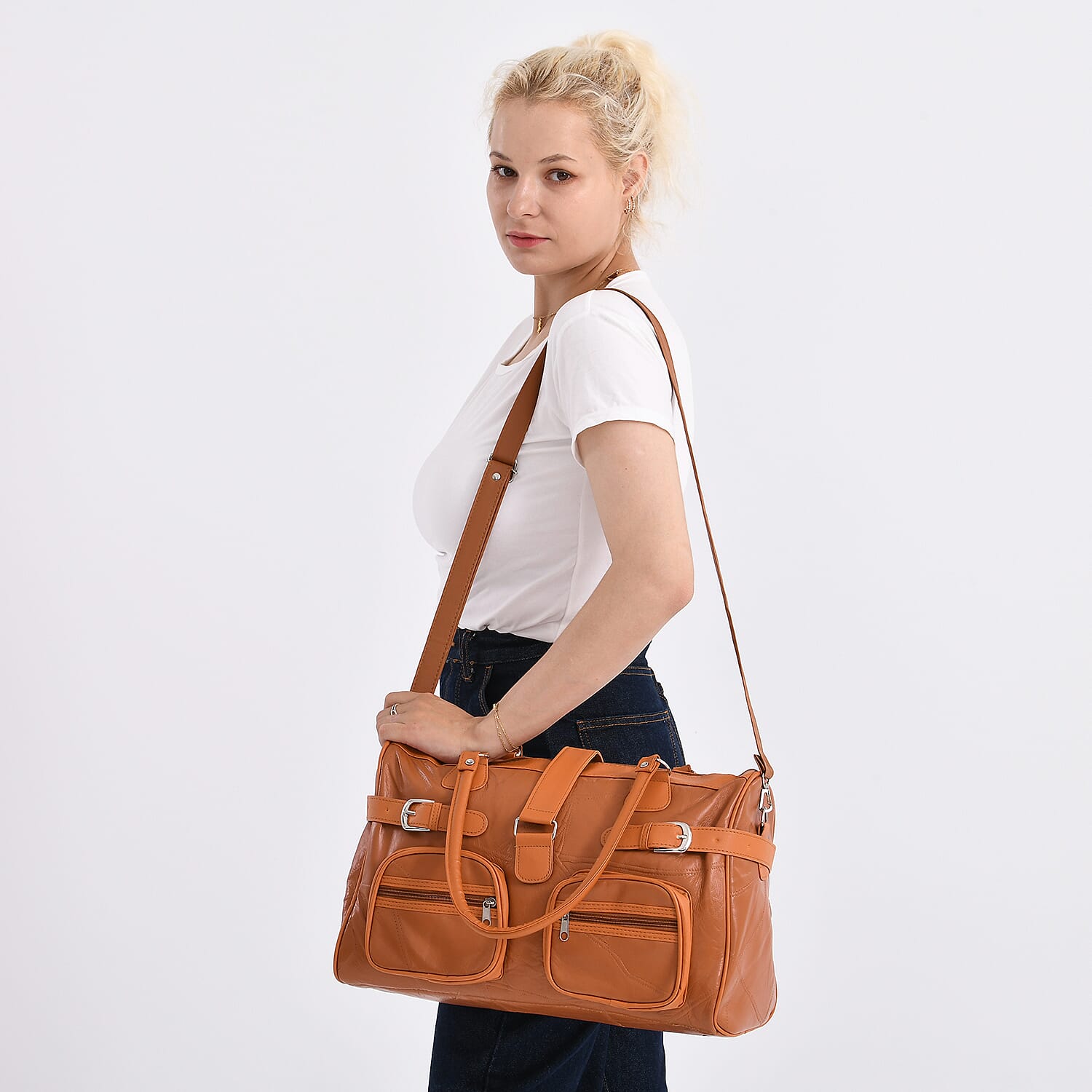 Tan Patchwork Genuine Sheep Leather Crossbody Bag with Shoulder Strap