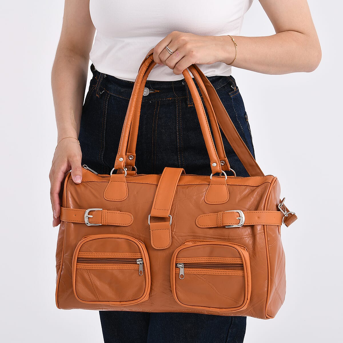 Doorbuster Tan Patchwork Sheep Leather Crossbody Bag with Shoulder Strap image number 3