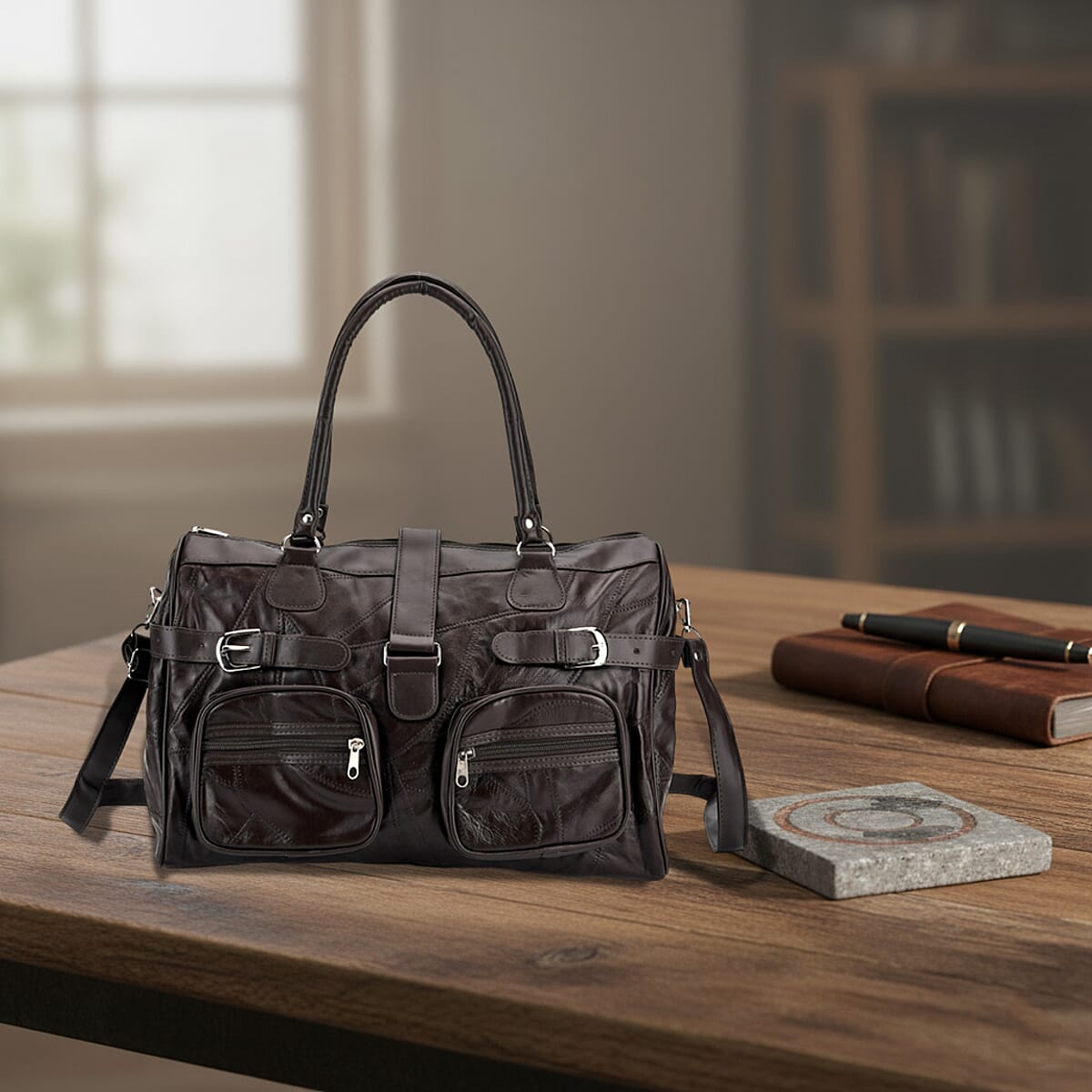 Doorbuster Brown Patchwork Sheep Leather Crossbody Bag with Shoulder Strap image number 1