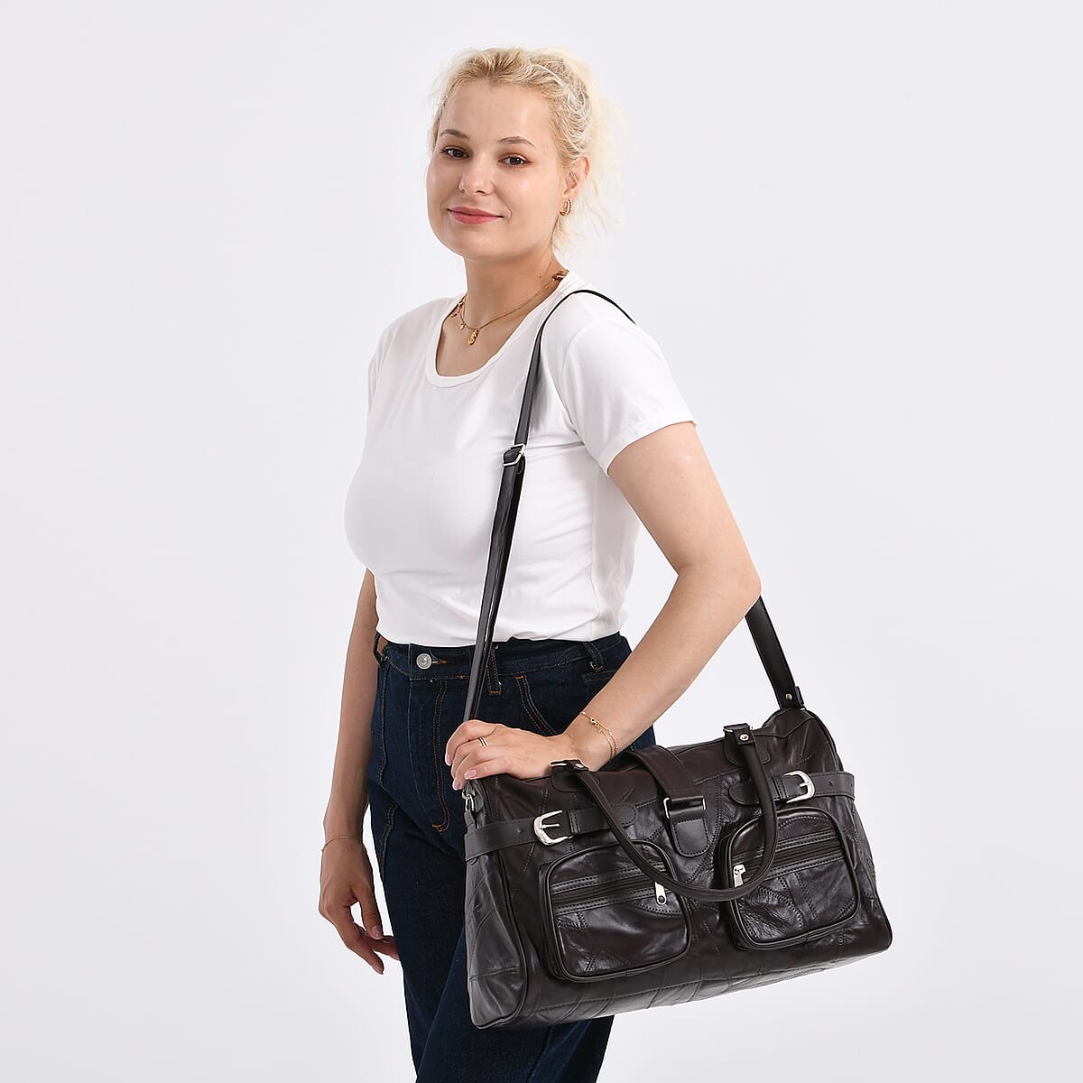 Doorbuster Brown Patchwork Sheep Leather Crossbody Bag with Shoulder Strap image number 2