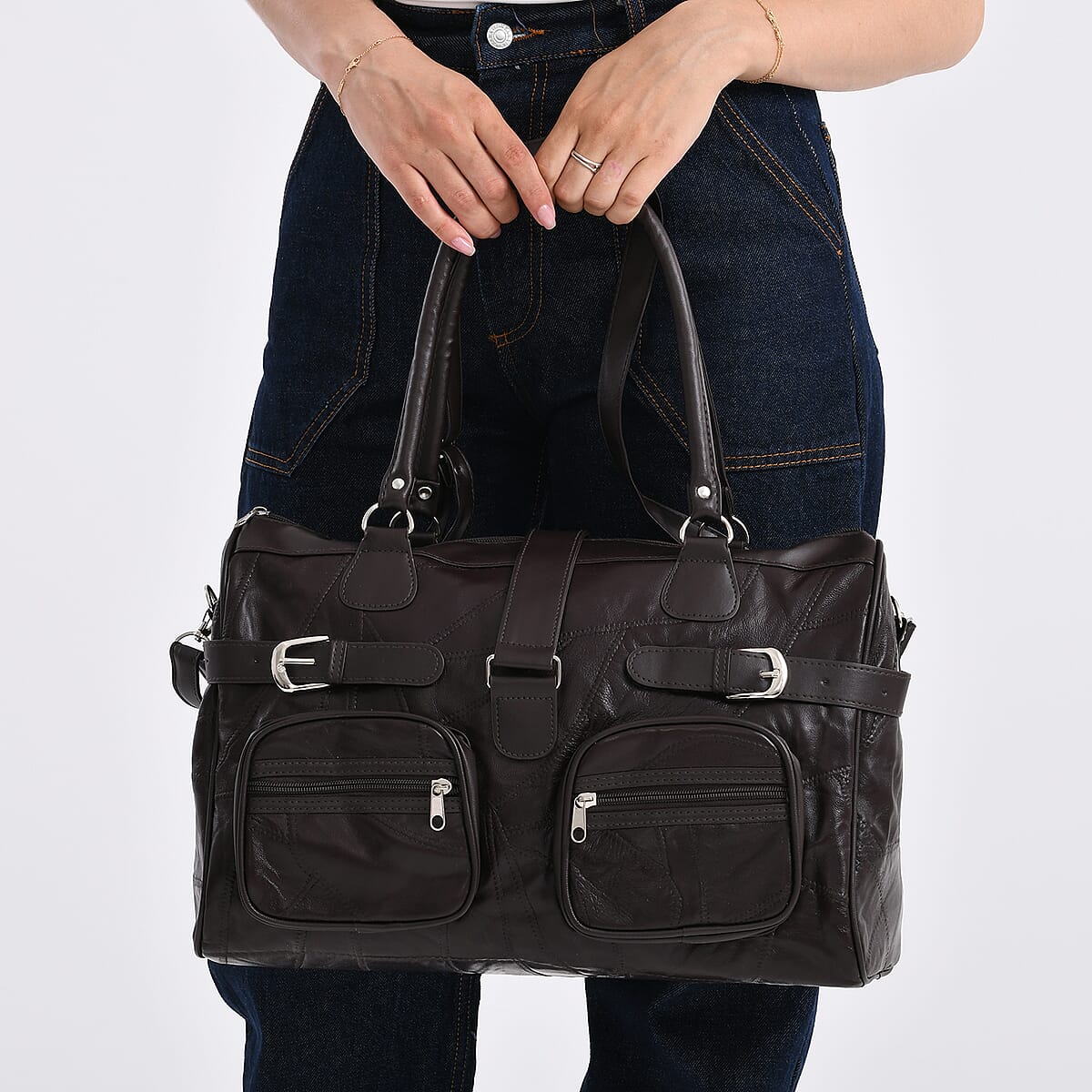 Doorbuster Brown Patchwork Sheep Leather Crossbody Bag with Shoulder Strap image number 3