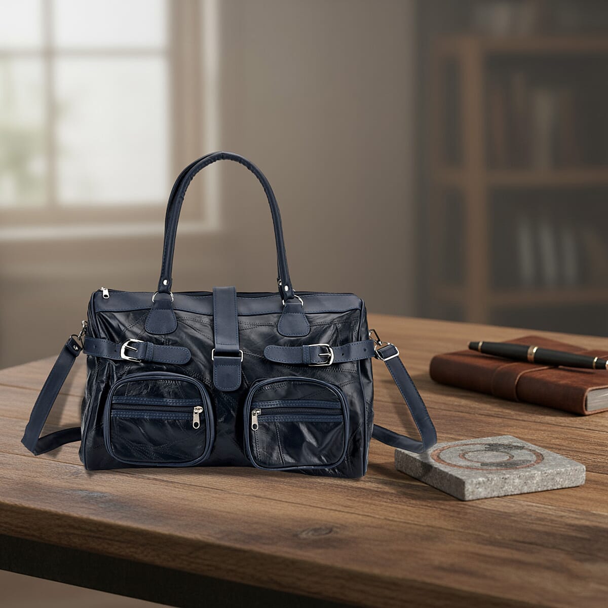 Doorbuster Blue Patchwork Sheep Leather Crossbody Bag with Shoulder Strap image number 1