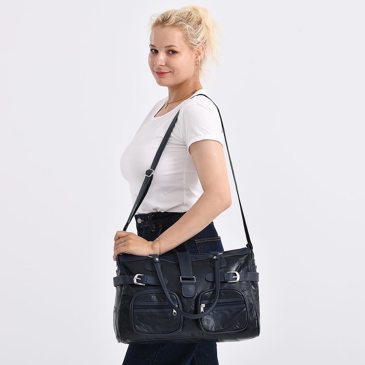 Doorbuster Blue Patchwork Sheep Leather Crossbody Bag with Shoulder Strap image number 2